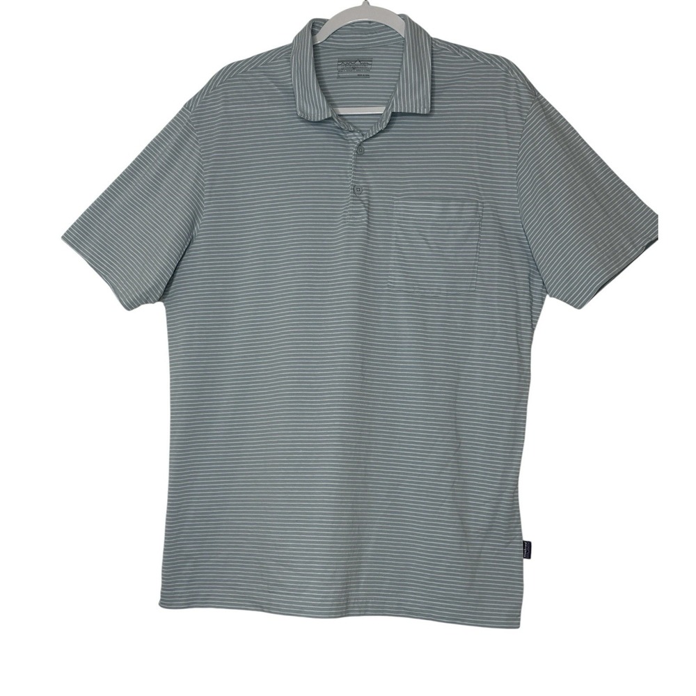 Patagonia Polo Shirt Men Large Blue Short Sleeve Striped Collared Cotton Outdoor